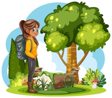 A girl with a backpack in a forest clipart