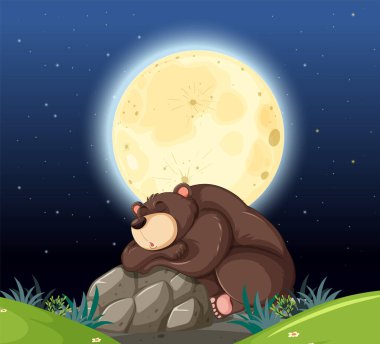 A bear peacefully sleeps beneath a glowing moon clipart