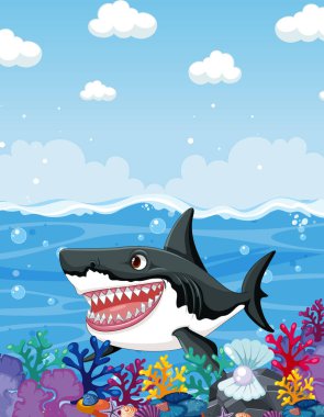 Canlı mercan ve deniz yaşamının ortasında neşeli bir köpekbalığı