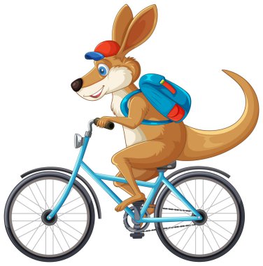 Sırt çantalı kanguru bisikletle neşeyle bisiklet sürüyor.