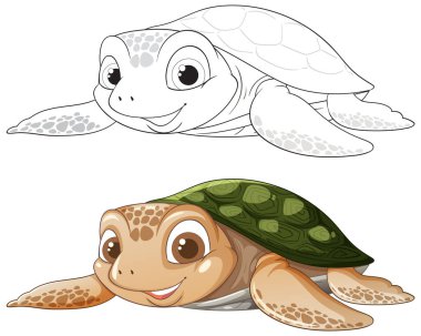 Colorful and outlined sea turtle with happy expression clipart