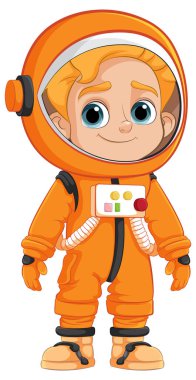 Turuncu uzay elbisesi içinde gülümseyen astronot.