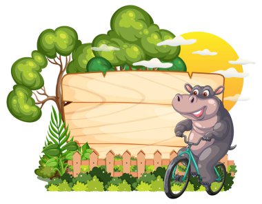 Happy hippo cycling near trees and wooden sign clipart