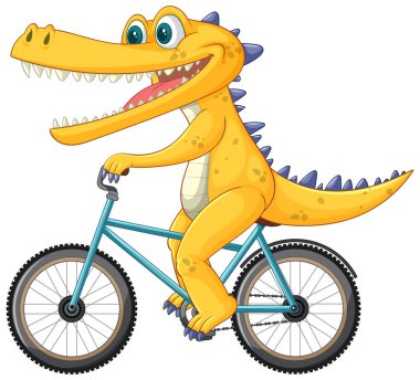 Neşeli bir timsah heyecan içinde bisiklet sürüyor.