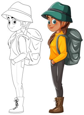 Girl ready for adventure with backpack and hat clipart