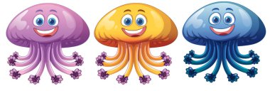 Three smiling jellyfish in vibrant colors clipart