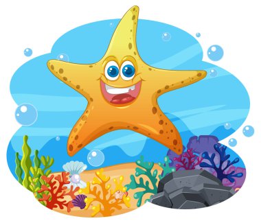 Etrafı renkli sualtı mercanlarıyla çevrili gülümseyen denizyıldızları.