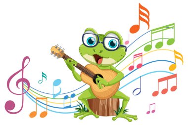 Neşeli bir kurbağa gitar tıngırdatıyor.