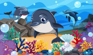 Yunuslar renkli mercanlar ve kabarcıklar arasında neşeyle yüzerler.