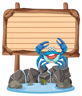 Happy crab on rocks near a wooden sign clipart