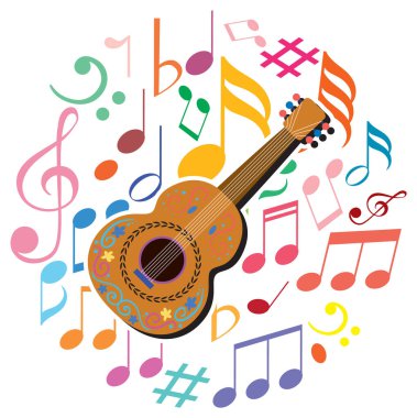 Renkli notalarla çevrili canlı bir gitar.