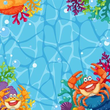 Neşeli yengeçler ve canlı sualtı ortamında mercanlar