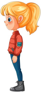 Kırmızı ceketli sarışın kız gülümsüyor.