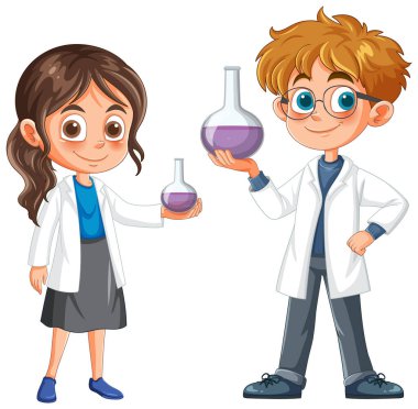 Laboratuvar önlüklü iki çocuk ellerinde beherlerle