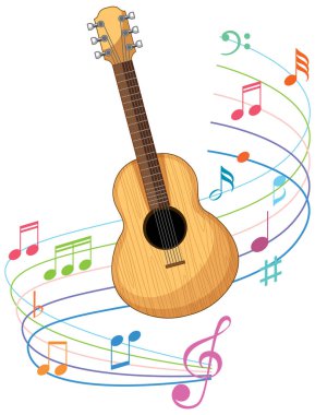 Gitar canlı, girdap gibi notalarla çevrili.