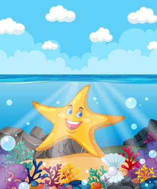 Smiling starfish surrounded by colorful underwater life clipart