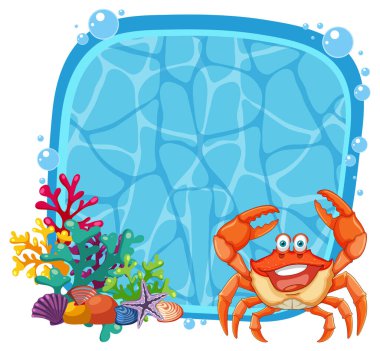 Renkli mercan ve deniz yaşamının ortasında mutlu bir yengeç.