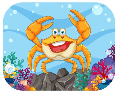 Happy crab surrounded by colorful underwater scenery clipart