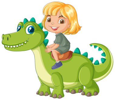 Yeşil bir dinozora binen mutlu çocuk