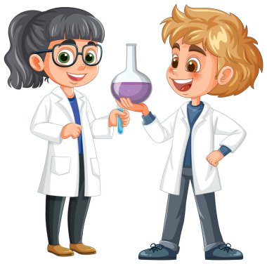 Laboratuvar önlüklü ve deney tüplü iki çocuk.