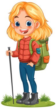 Sırt çantası ve yürüyüş sopasıyla gülümseyen genç kız.