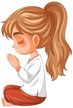 A girl meditating with closed eyes and hands together clipart