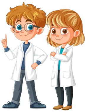 İki çocuk laboratuvar önlüğü giyiyor, güvenle gülümsüyor.