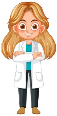 Laboratuvar önlüklü genç kadın, kollarını kavuşturdu.