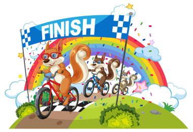 Squirrels racing bicycles under a colorful rainbow clipart