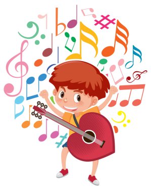 Gitarlı çocuk renkli notalarla çevrili