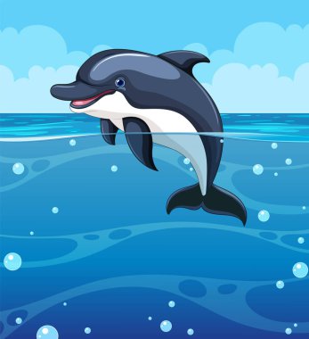 Neşeli bir yunus suyun üzerinde zıplıyor