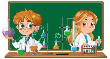 Renkli kimyasal çözümler deneyen iki çocuk.