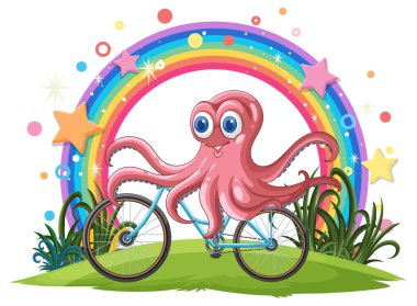 Cheerful octopus cycling beneath a colorful rainbow clipart