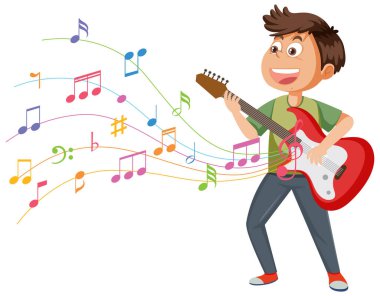Neşeli notalarla gitar çalan mutlu bir çocuk.