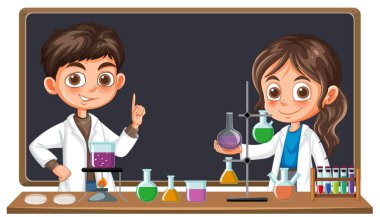 Çocuklar renkli kimyasallarla deneyler yapıyorlar.