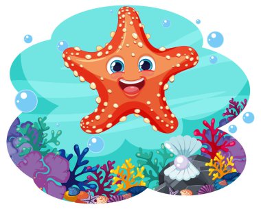 Etrafı renkli sualtı yaşamlarıyla çevrili gülümseyen denizyıldızları.