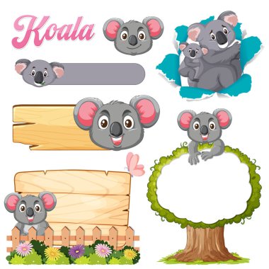 Adorable koalas with signs and nature elements clipart