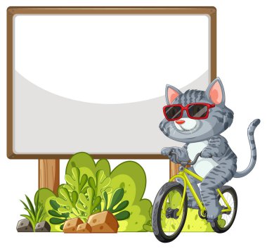 Güneş gözlüklü kedi boş bir tabelanın yanında bisiklet sürüyor.