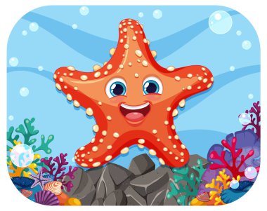 Etrafı renkli sualtı yaşamlarıyla çevrili gülümseyen denizyıldızları.