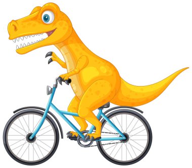 Mavi bir bisiklete binen neşeli bir dinozor.