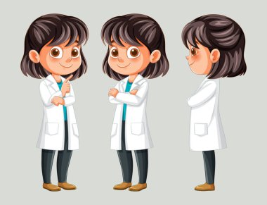 Laboratuvar önlüklü karikatür kızı, üç farklı poz.