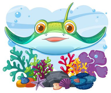 Renkli mercanlar ve kabuklar arasında yüzen canlı vatoz.