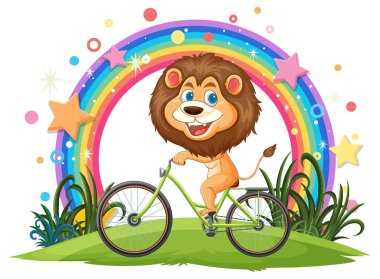 Neşeli aslan renkli gökkuşağı arka planıyla bisiklet sürüyor