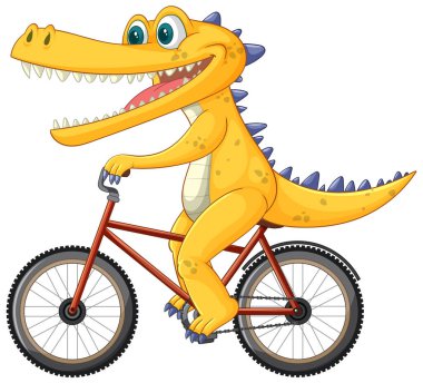 Neşeli bir timsah coşkuyla bisiklet sürüyor.