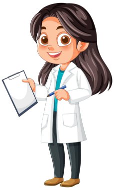 Laboratuvar önlüklü kız elinde pano tutuyordu.