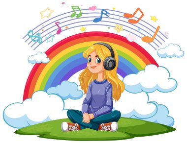 Renkli arka planda müzik dinleyen bir kız