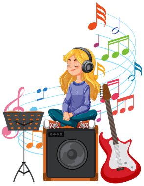 Gitar ve notalarla müzik dinleyen kız