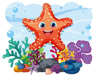 Etrafı renkli sualtı yaşamlarıyla çevrili gülümseyen denizyıldızları.