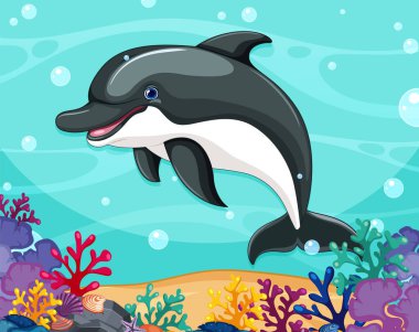 Neşeli bir yunus renkli mercan resifleri arasında yüzer.