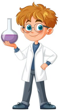 Çizgi film bilim adamı elinde mor sıvı dolu bir deney şişesi tutuyor.
